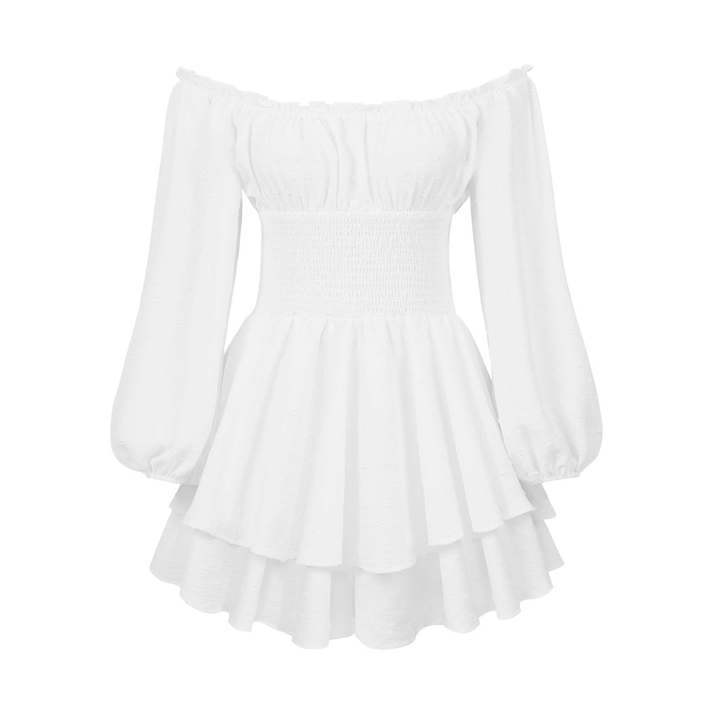 Fashion Solid Color Off-neck Pleated Ruffled Stitching Long Sleeve Casual Jumpsuit